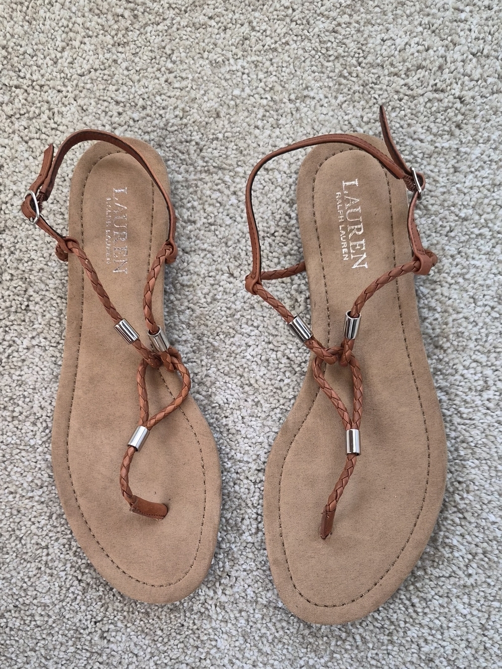 NWOT Ralph Lauren Brown Braided Strap Thong Sandals with Silver Accents Sz 8.5